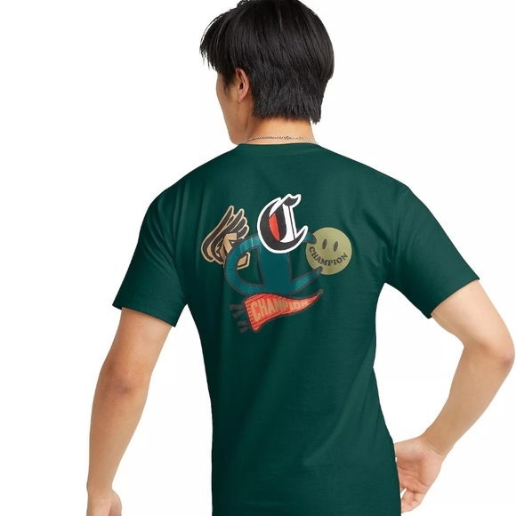 Champion Dark Green Tee with Graphic Accents - Picture 1 of 6
